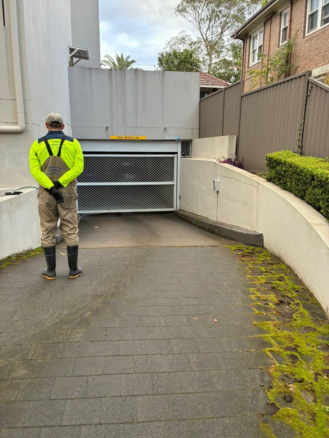 Moss-covered paved driveway ramp before pressure washing